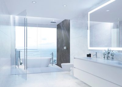 3D rendering sample of a white modern bathroom design at Aston Martin Residences.