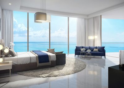 3D rendering sample of a large bedroom design at The Estates at Acqualina condo.