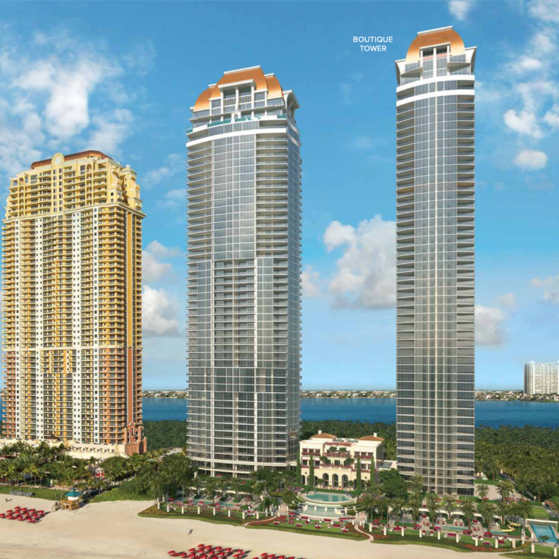 3D rendering sample of exterior of The Estates at Acqualina condo.