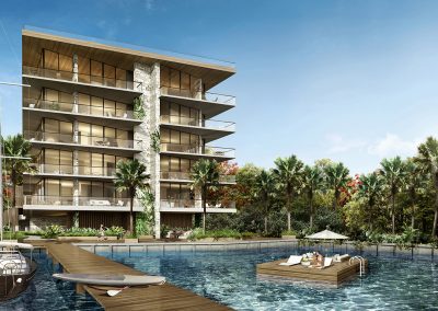 3D rendering sample of private dock at The Fairchild Coconut Grove condo.