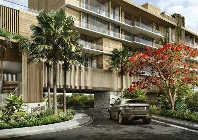 3D rendering sample of main entrance at The Fairchild Coconut Grove condo.