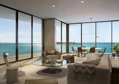 3D rendering sample of living room of a unit at The Fairchild Coconut Grove condo.