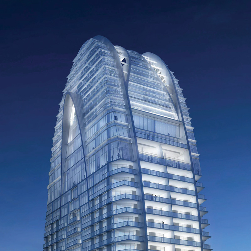 3D rendering sample of the top of Okan Tower condo at night.