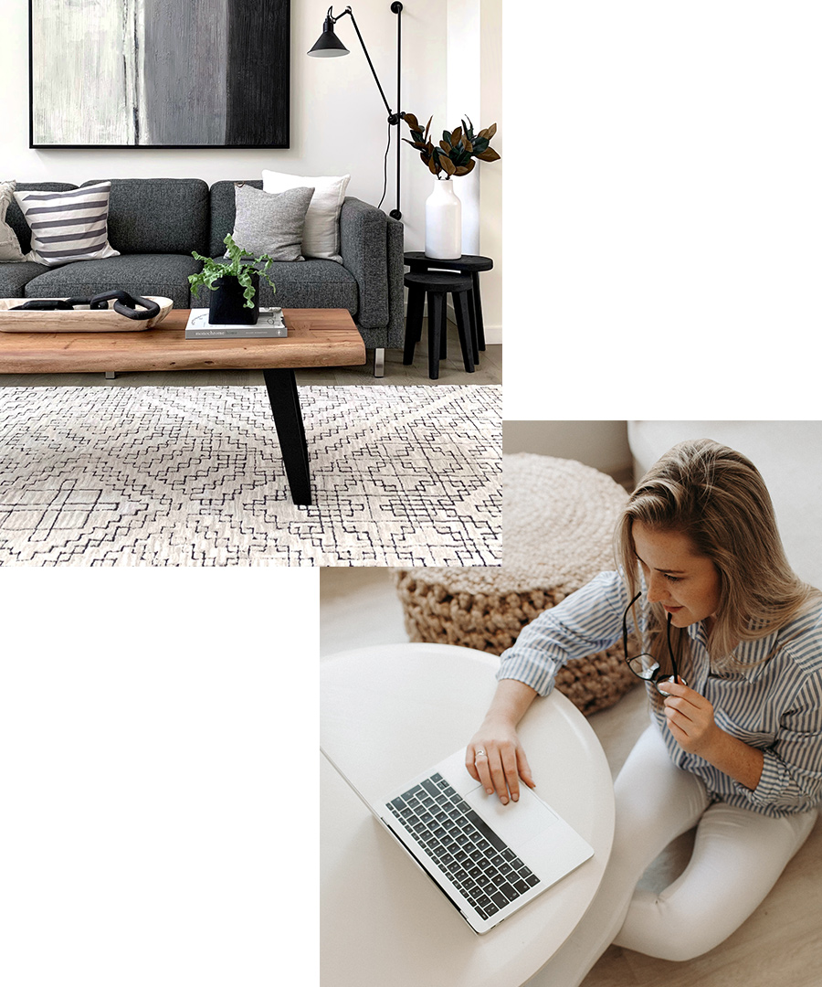 Split image with a modern living room on top and a woman sitting on the floor searching on a computer in the lower part.